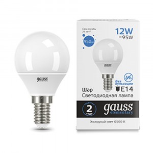 Gauss Elementary Шар G45 E14 12W(950lm) 6500K 6K матов., пластик 53132