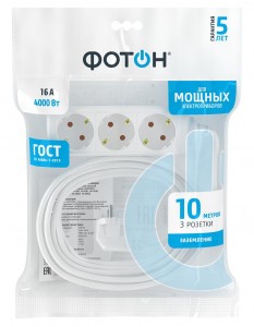 ФОТОН сет. удл. ПВС 3х1 3 роз. 10 м 16А белый, земля (корпус-PP,UV,ударопроч.,негорюч) 16-103Е 11853