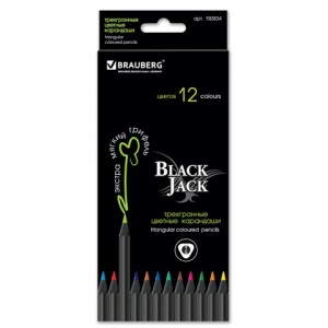 Карандаши цветн. BRAUBERG "Black Jack", 12 цв., трехгр., черное дерево, заточ., карт. уп., 180834