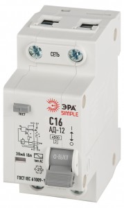 ЭРА SIMPLE дифф. автоматический выкл. АВДТ 12 1P+N 16А 30мА 4,5кА тип АС 58920