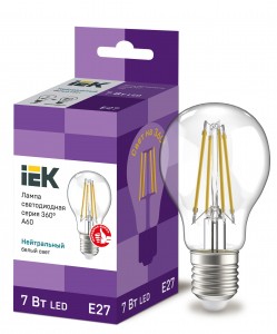 IEK ЛОН А60 E27 7W(840lm) 4000К 4K прозр 105х60 филамент(нитевидная) 360° LLF-A60-7-230-40-E27-CL