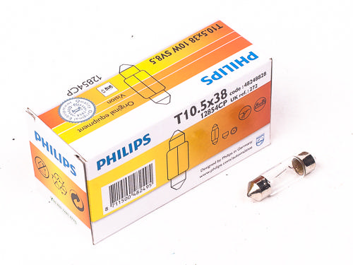 Лампа А 12-10-2-х цок. C10W 12V (освещения салона,подсв.номера) "PHILIPS"