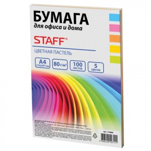 Бумага цветная STAFF color, А4, 80 г/м2, 100л.., микс (5 цв. х 20л..), пастель, 110889