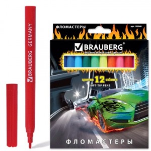 Фломастеры BRAUBERG "InstaRacing", 12 цв., вент.колп, карт.упак. выб.лак, увелич срок службы, 150548