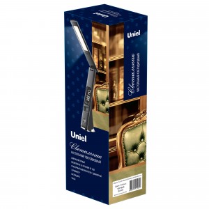 Uniel TLD-567 св-к св/д настольный акк-ный 6W(300lm) 4500K сенсор/диммер, USB, часы/календ., черный