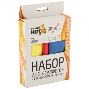 Салфетка д/уборки MFS-03/3 , 30*30см, набор 3шт/уп, цена за уп, микрофибра, коробка 310240 Рыжий Кот
