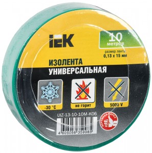 IEK изолента ПВХ 15/10 зеленая 0.13х15 мм, 10 м