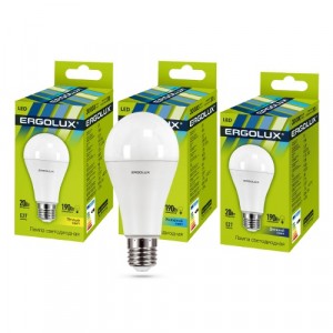 Ergolux ЛОН A65 E27 20W(2000lm 270°) 6500K 6K матовая 134x65 пластик/алюм. LED-A65-20W-E27-6K