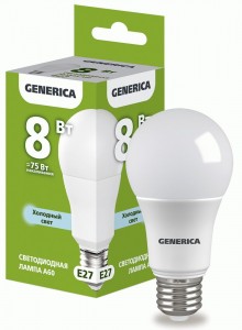 IEK GENERICA ЛОН A60 E27 8W(800lm) 6500K 6K 55x100 матов.  LL-A60-08-230-65-E27-G