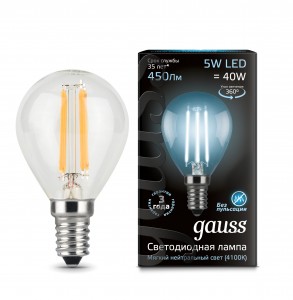 Gauss Filament Шар G45 E14 5W(450lm) 4100K 4K 80x45 филамент (нитевидная), прозр. 105801205