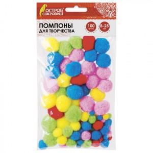 Помпоны д/ творчества, ассорти, 5цв., 8 мм/15 мм/25 мм, 100 шт., ОСТРОВ СОКРОВИЩ