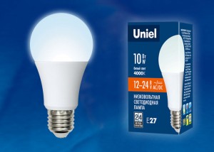 Uniel ЛОН низковольтная A60 E27 12-24V AC/DC 10W(850lm) 4000К 4K 110x60 LED-A60-10W/NW/E27/FR/12-24V