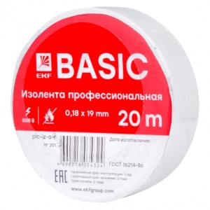 EKF Basic Изолента ПВХ 19/20 белая, класс А (профессиональная) 0.18х19 мм, 20 м plc-iz-a-w