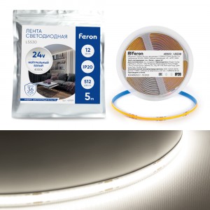 Feron лента св/д 24V 12W/m 512Led/m IP20 4000К 4К 10мм 5м интер SMD2110 LS530 48969