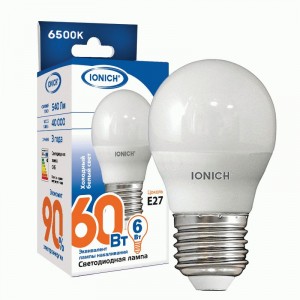 IONICH шар G45 E27 6W(540lm) 6500К 6K 45x80 матов./пластик/алюм ILED-SMD2835-G45 1543