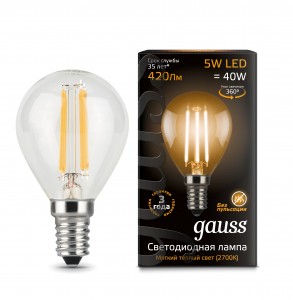 Gauss Filament Шар G45 E14 5W(420lm) 2700K 2K 80x45 филамент (нитевидная), прозр. 105801105