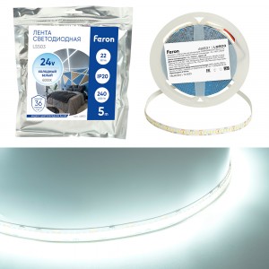 Feron лента св/д 24V 22W/m 240Led/m IP20 6000К 6К 10мм 5м интер SMD2835 LS503 48831