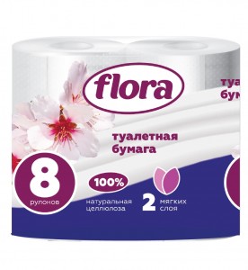 Туалетная бумага 2 слоя 8 рулонов классика FLORA