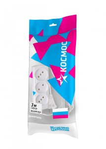Космос сет. удл. ШВВП 2х0.75 3 роз. 3 м 6А/1300Вт (корпус негор. PP) YKsm3m-3g(6A)E (РФ)