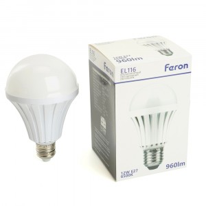 Feron лампа св-к св/д аккум. ЛОН A60 E27 12W(960lm) 6500K 80x60 аккум. AC/DC 3ч белый, EL116 48980