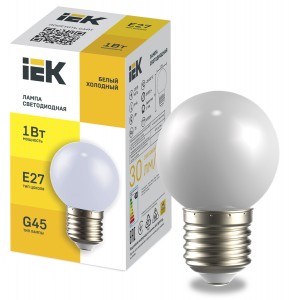IEK Лампа св/д шар G45 E27 1W(80lm) 230В хол.бел. 6К матов д/гир Белт Лайт 45x70 LLE-G45-1-230-W-E27