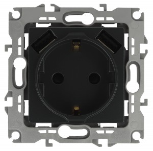 Эра 14-4109-05 СУ роз. 2P+E Schuko шторки, 2хUSB 5В-3А 16A-250В,  Elegance, антрацит 7672