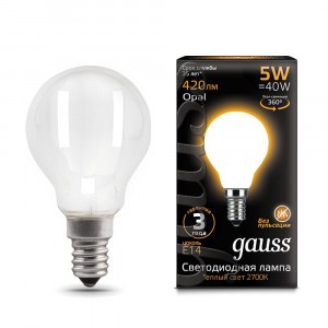 Gauss Filament Шар G45 E14 5W(420lm) 2700K 2K матов. 80x45 филамент (нитевидная), 105201105