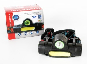 Ultraflash фонарь налобный E1340 (акк.18650) 3+3W 2 реж, держатель, индик, microUSB пласт/черн