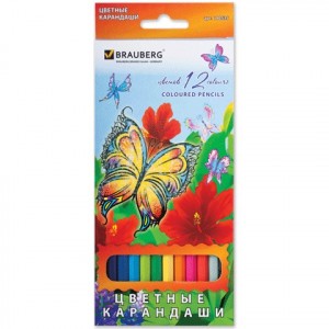 Карандаши цветн. BRAUBERG "Wonderful butterfly", 12цв., заточ., карт. уп. с блестками, 180535