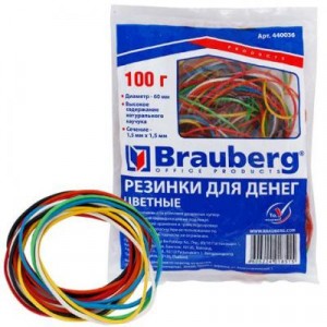 Резинки д/денег 100г, 180шт. BRAUBERG (натур. каучук!) цветные 440036