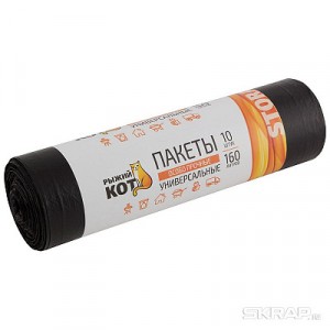 Мешки для мусора (пакеты) 160л/10шт, 25мк, особо прочные, ПВД, рулон, черные, 6977 Рыжий Кот