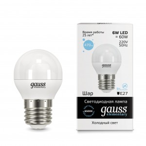 Gauss Elementary Шар G45 E27 6W(470lm) 6500K 6K 83x45 матовая, пластик/алюм. 53236