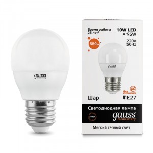 Gauss Elementary Шар G45 E27 10W(710lm) 3000K 2K 82x45 матовая, пластик/алюм. 53210