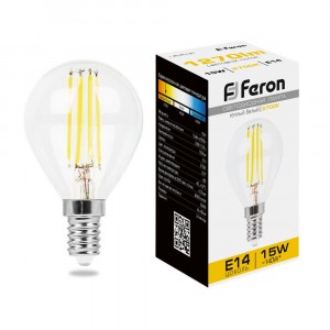 Feron филамент шар G45 E14 15W(1270lm) 2700K 2K прозр. 80x45, LB-515 38249