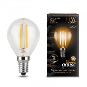 Gauss Filament Шар G45 E14 11W 720lm 2700K 2K прозр. филамент (нитевидная) 105801111
