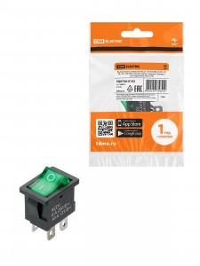 TDM выключатель клавишный KCD1-201N зеленый 250В, 2P, 6А, (4с), ON-OFF, LED, Mini SQ0746-0142