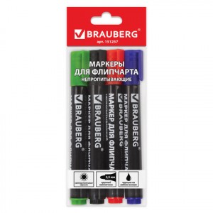 Маркер д/флипчарта НАБОР 4шт. BRAUBERG, НЕПРОПИТЫВАЮЩИЕ, АССОРТИ, круглые, 2,5 мм, 151257