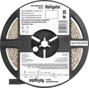 Navigator Лента св/д 12V 7.2W/m 30LED/m IP20  6000K 6K 5м NLS-5050СW30-7.2-IP20-12V(ц.за1м)(5!)71766