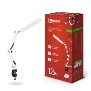 ASD/InHome св-к св/д настол на струбцине PLUS ССC-05Б 12W(500lm) 6500К 6K USB, адаптер БЕЛЫЙ 5337