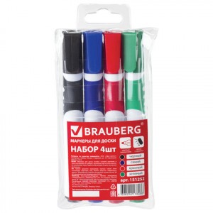 Маркеры д/доски BRAUBERG SOFT, НАБОР 4 шт., АССОРТИ, резиновая вставка, кругл. након., 5 мм, 151252