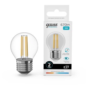 Gauss Elementary Filament Шар Е27 10W(670lm) 4100К 76х45  прозр, стекло, нитевид 52220