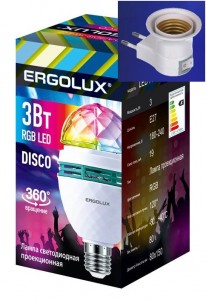 Лампа-проектор вращ. с переходником E27 3W RGB Disco Ergolux LED-A75DIS-3W-E27