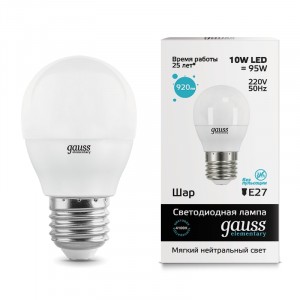 Gauss Elementary Шар G45 E27 10W(730lm) 4100K 4K 82x45 матовая, пластик/алюм. 53220