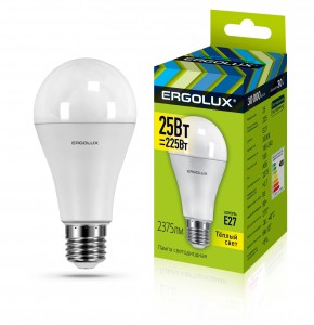 Ergolux ЛОН A65 E27 25W(2375lm 270°) 3000K 2K матовая 127x64 пластик/алюм. LED-A65-25W-E27-3K5