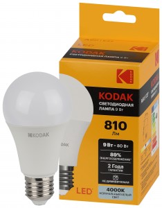 KODAK лампа св/д ЛОН A60 E27 9W(810lm) 4000K 4K 108х60 170-265В A60-9W-840-E27 2 года 57603