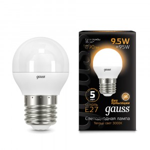 Gauss Шар G45 E27 9.5W(890lm) 3000K 2K 85x46 матовая, алюм./пластик 105102110