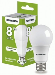 IEK GENERICA ЛОН A60 E27 8W(800lm) 4000K 4K 55x100 матов.  LL-A60-08-230-40-E27-G