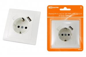 TDM Таймыр роз. 2 мест. 16A + USB порт 2,1А 5В белая (земля, шторки, керам.осн.) SQ1814-0040