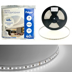 Feron Лента св/д 8W/m 120Led/м 48V IP20 4000К 40000х10х1.22мм LS420 48792