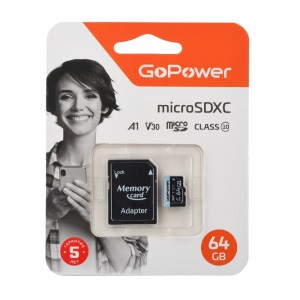 Карта памяти microSD GoPower 64GB Class10 70 МБ/сек V30 с адаптером 00-00025676